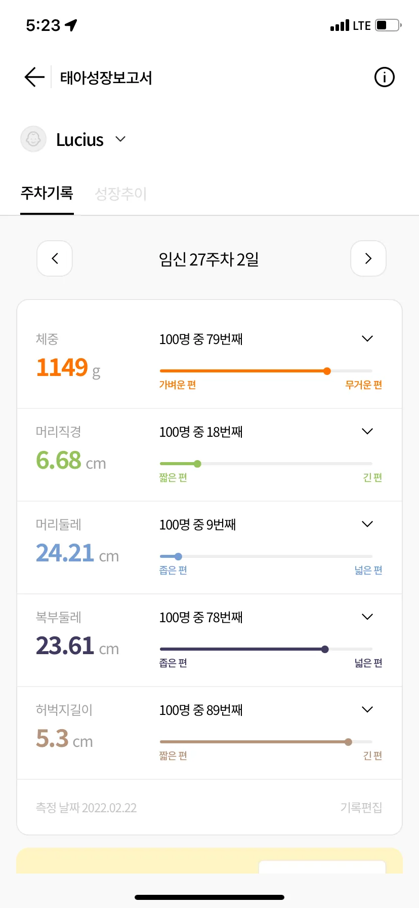 27주 아가 몸무게 공유해용☺️