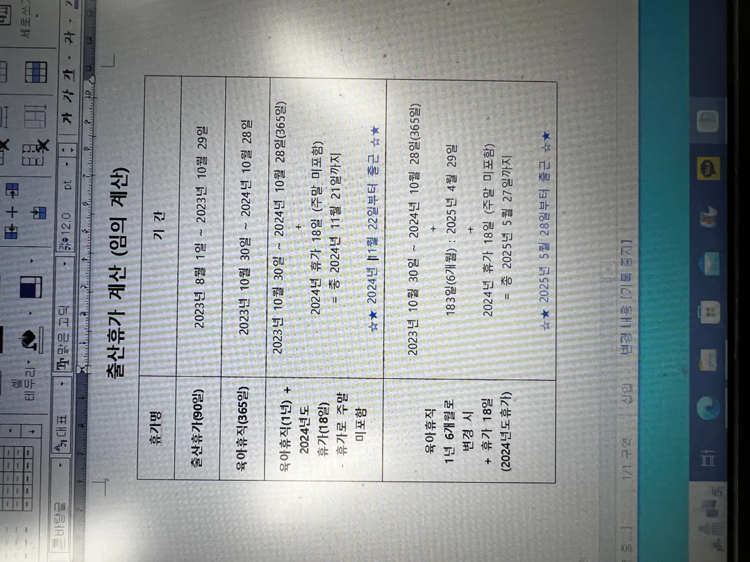 출산휴가 및 육아휴직 계산