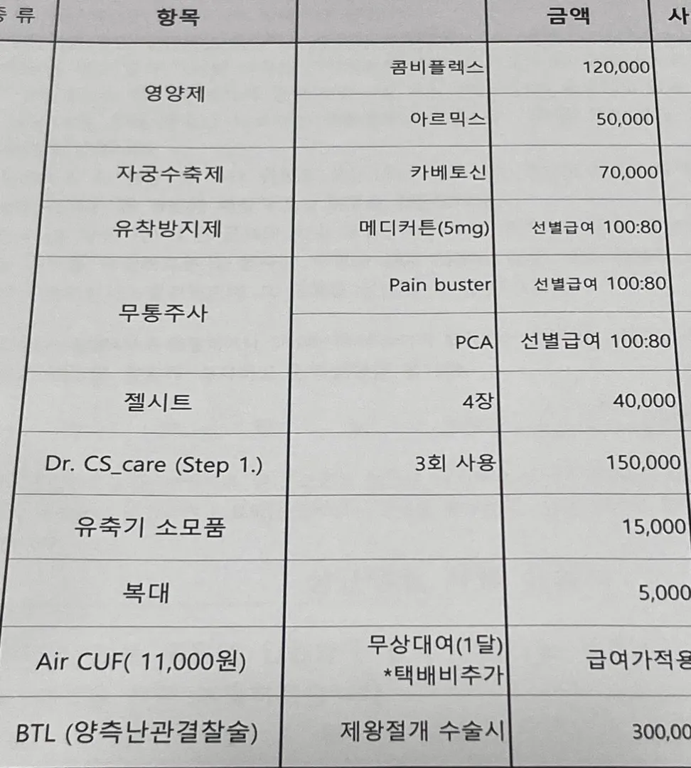 제왕절개 비급여 항목 참견해주세요ㅠ