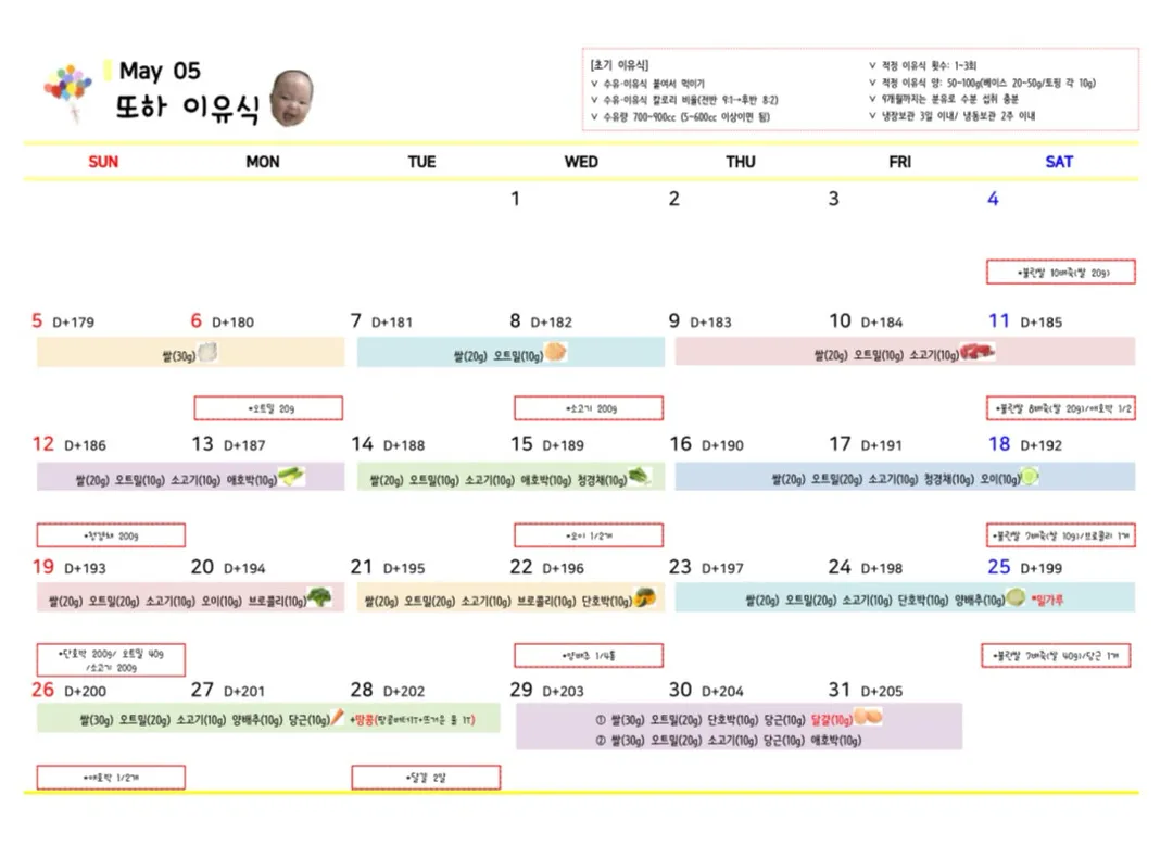 토핑이유식 식단표(초기)