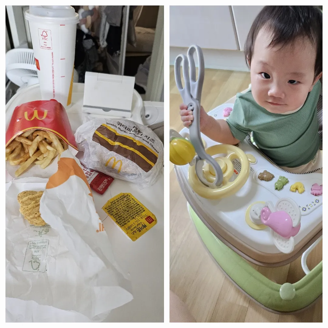 며칠째 애기 이유식 의자에 음식 놓고 식사중이에요😂