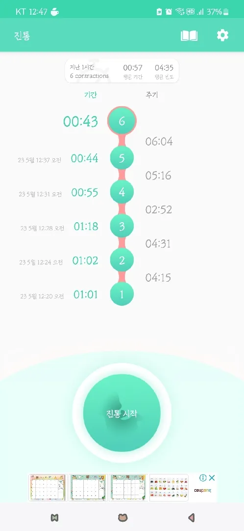 약 5분간격 진통
